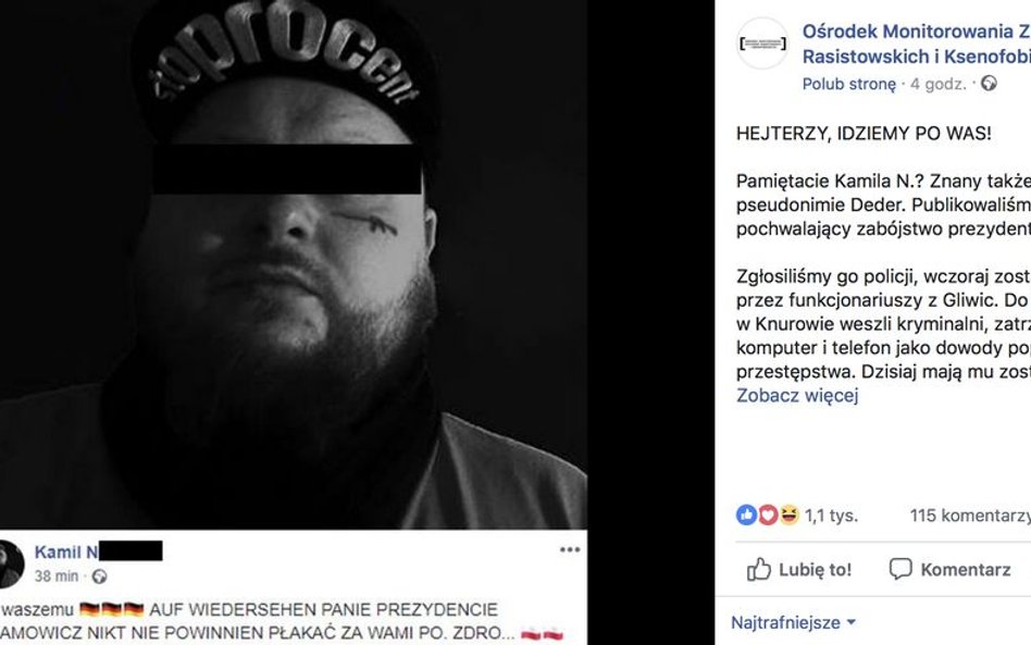 Drwił w sieci ze śmierci Adamowicza. Został zatrzymany