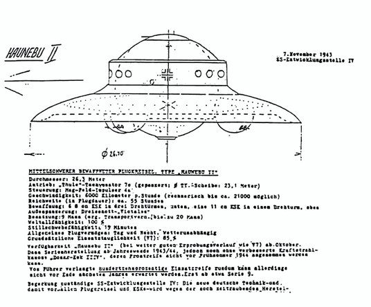 Rysunek poglądowy i parametry machiny latającej określonej kryptonimem Haunebu II