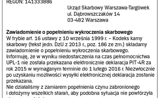 Zawiadomienie o popełnieniu wykroczenia skarbowego – wzór nr 1