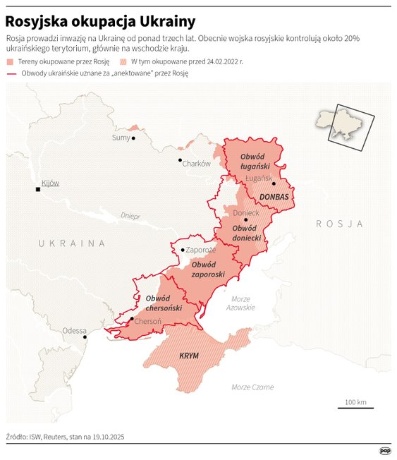 Tereny okupowane na Ukrainie przez Rosję (stan na 19 października 2025 r.)