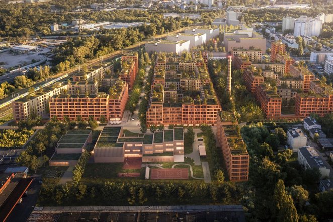 Widok na cały kompleks osiedla przy Razymińskiej, u dołu kadru projektowana szkoła (wizualizacja)