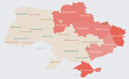 Mapa zagrożeń ze strony alerts.in.ua, stan na godzinę 22:10 czasu polskiego 16 października 2024 r.
