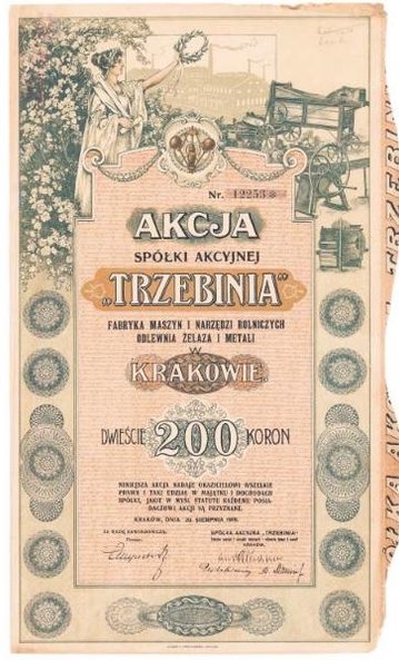 Na 150 zł wyceniono akcję Fabryki Maszyn Trzebinia z 1919 roku.