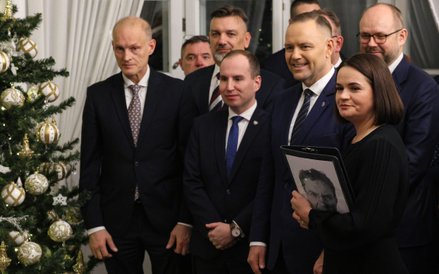 Karol Nawrocki i Swiatłana Cichanouska w czasie spotkania w Belwederze