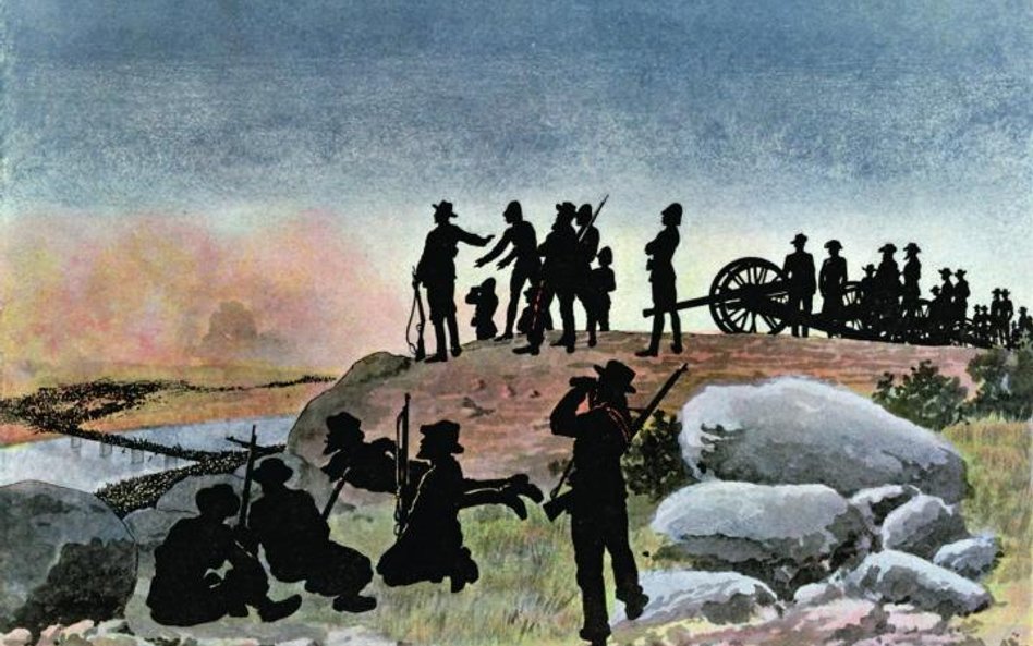 Burowie obserwują wojska brytyjskie przekraczające rzekę Tugelę, litografia z epoki