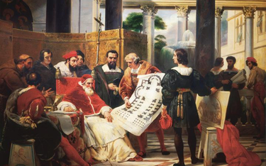 Juliusz II zleca budowę bazyliki św. Piotra. Przed nim Michał Anioł, Donato Bramante i Rafael. Obraz