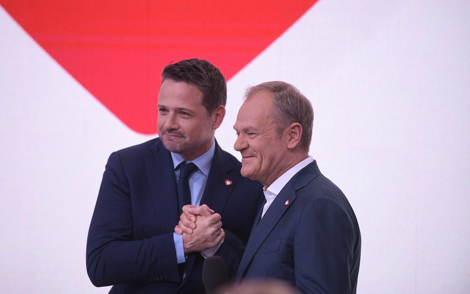 Wybory samorządowe 2024. Prezydent Warszawy Rafał Trzaskowski i premier Donald Tusk w sztabie wyborc