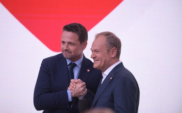 Wybory samorządowe 2024. Prezydent Warszawy Rafał Trzaskowski i premier Donald Tusk w sztabie wyborc
