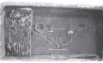 Ilustracja przedstawiająca grobowiec i jego zawartość pochodząca z XIX wieku
