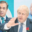 Nigel Farage, przywódca partii Brexit (z lewej), konserwatywny premier Boris Johnson (w środku) i Je