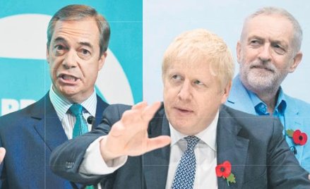 Nigel Farage, przywódca partii Brexit (z lewej), konserwatywny premier Boris Johnson (w środku) i Je