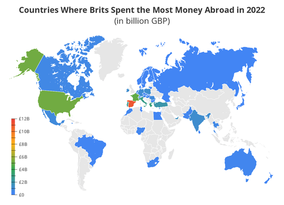 Kraje, w których Brytyjczycy wydali w 2022 roku najwięcej pieniędzy