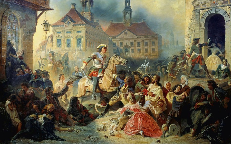 Piotr I zatrzymuje żołnierzy po zdobyciu Narwy w 1704 r. Litewska pisarka widzi tę scenę dużo okrutn