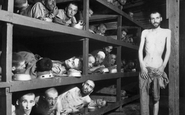 Więźniowie obozu w Buchenwaldzie, który funkcjonował od 1937 r. Został wyzwolony przez Amerykanów w 