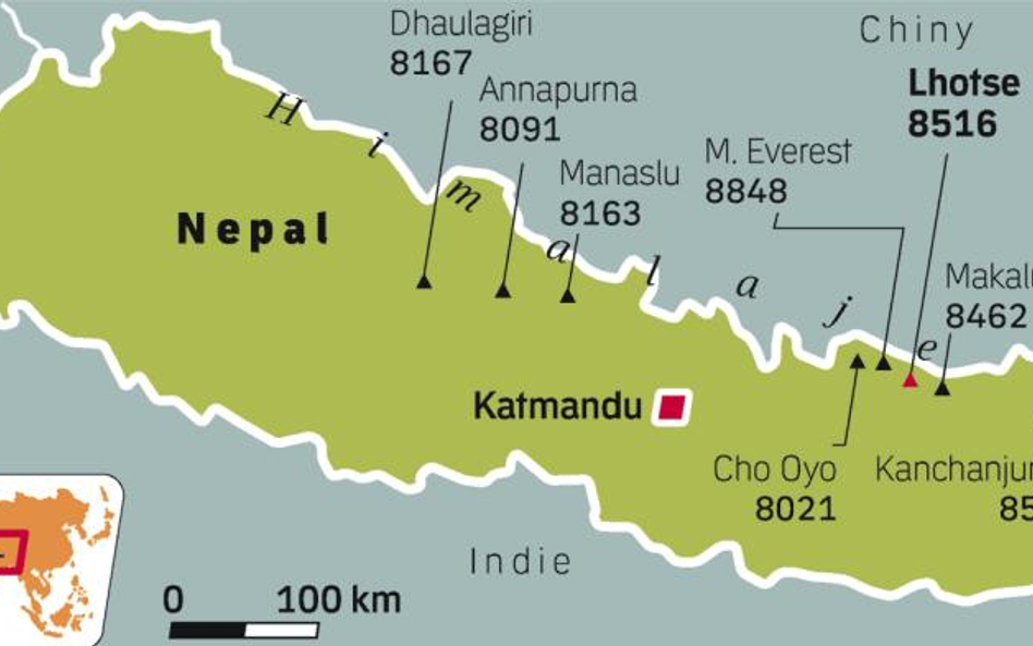 Lhotse (8516 m n.p.m.) w Himalajach to czwarty pod względem wysokości szczyt Ziemi. Znajduje się na 
