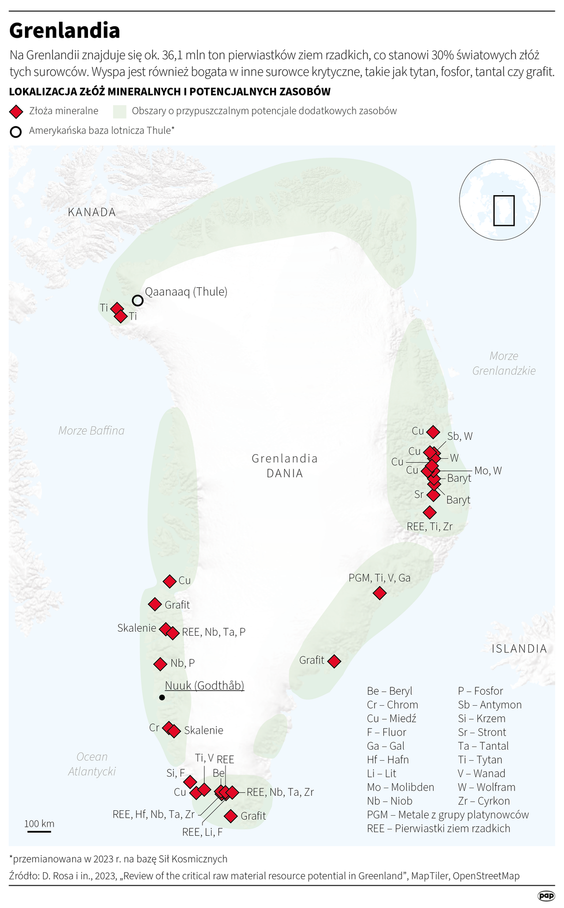 Lokalizacja potencjalnych złóż mineralnych i potencjalnych zasobów naturalnych Grenlandii