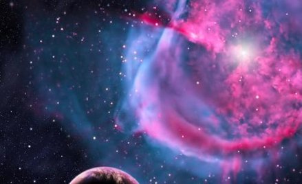 Artystyczna wizja globu podobnego do Ziemi krążącego w pobliżu mgławicy planetarnej