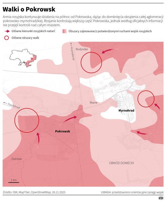 Jak wygląda sytuacja w rejonie Pokrowska? (MAPA, stan na 26 listopada 2025 roku)