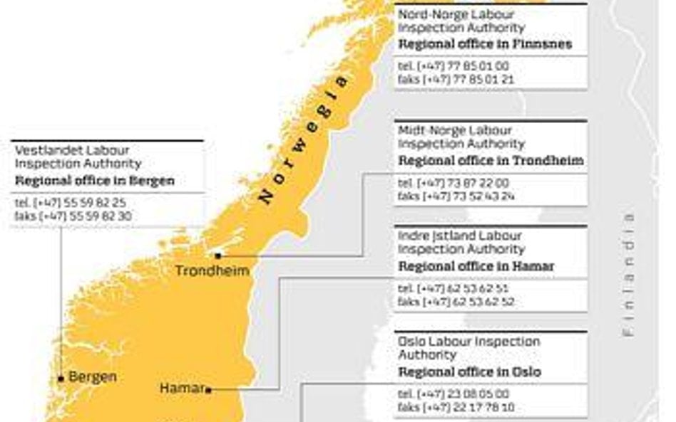 Kontakty do oddziałów norweskiej Inspekcji Pracy