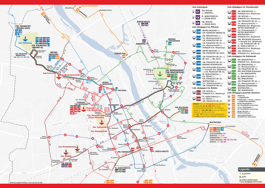 Mapa dojazdu komunikacją publiczną na warszawskie nekropolie w okresie Wszystkich Świętych