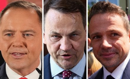 Prezydent elekt Karol Nawrocki, szef MSZ Radosław Sikorski i prezydent Warszawy Rafał Trzaskowski