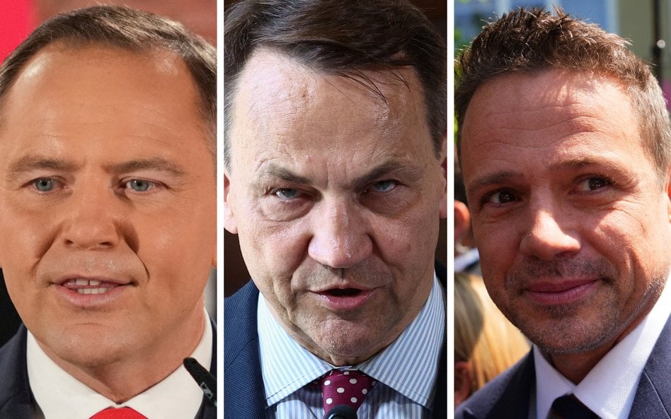 Prezydent elekt Karol Nawrocki, szef MSZ Radosław Sikorski i prezydent Warszawy Rafał Trzaskowski