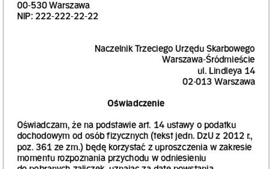 Wzór oświadczenia o wyborze ustalenia daty powstania przychodu