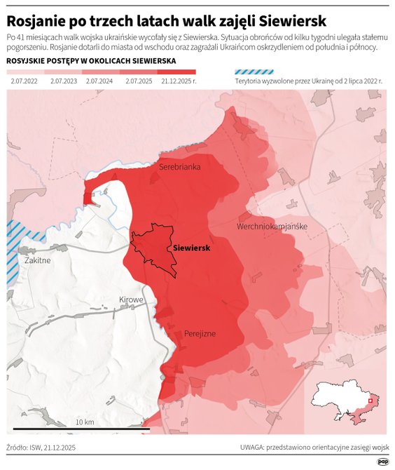 Rosyjskie postępy w rejonie Siewierska od lipca 2022 do grudnia 2025 roku (MAPA)