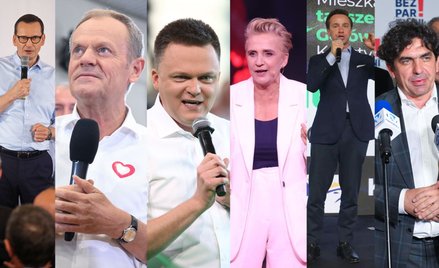 Uczestnicy debaty: Mateusz Morawiecki, Donald Tusk, Szymon Hołownia, Joanna Scheuring-Wielgus, Krzys