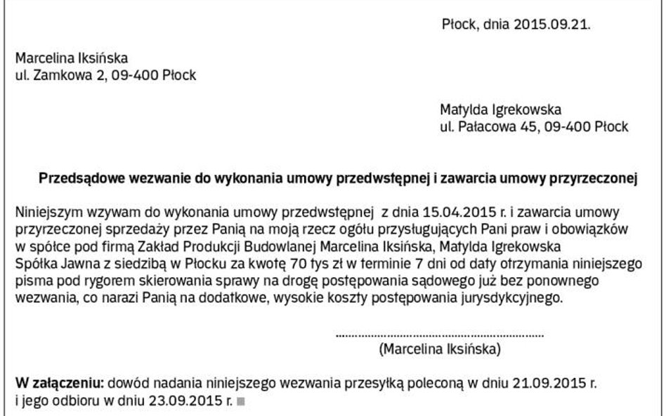 Wzór przedsądowego wezwania do wykonania umowy przedwstępnej i zawarcia umowy przyrzeczonej