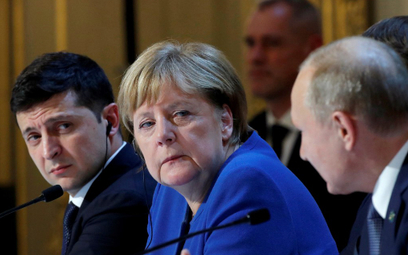 Wołodymyr Zełenski, Angela Merkel i Władimir Putin