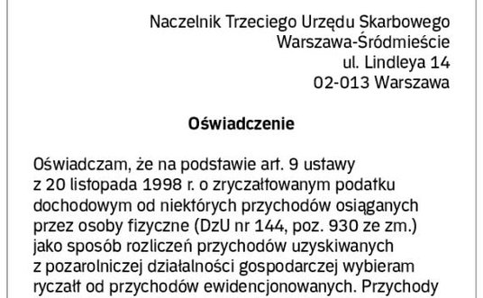Wzór oświadczenia o wyborze opodatkowania w formie ryczałtu