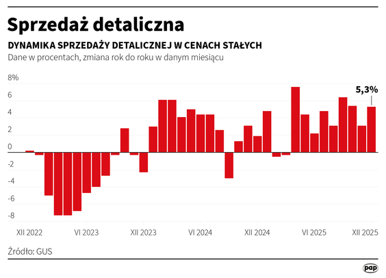 Sprzedaż detaliczna w cenach stałych w grudniu rdr wzrosła o 5,3 proc. - GUS