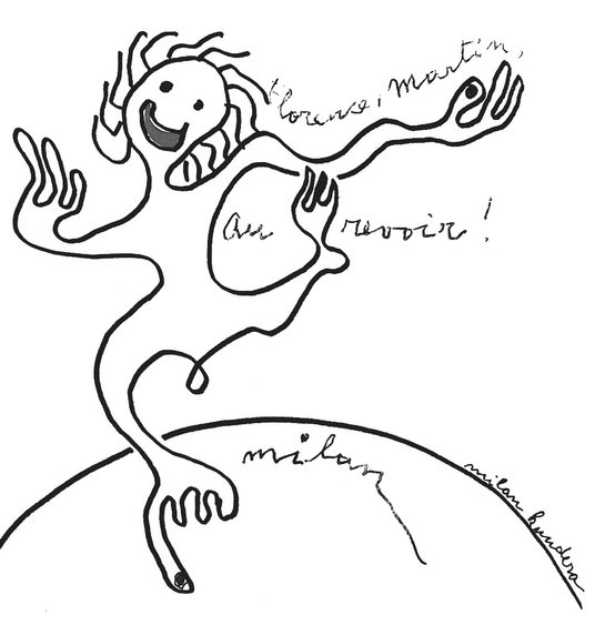 rysunek Kundery z dedykacją dla autorki książki i jej męża, mat. promocyjne wyd. W.A.B.