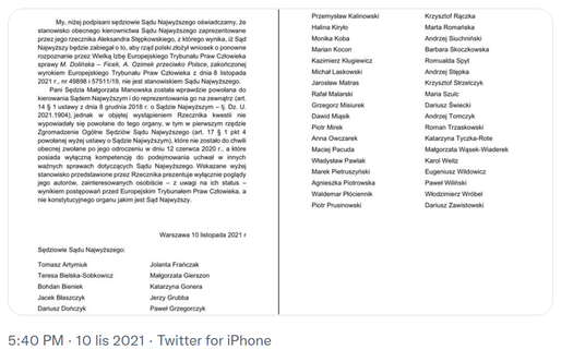 Oświadczenie sędziów SN z 10 listopada 2021 r.
