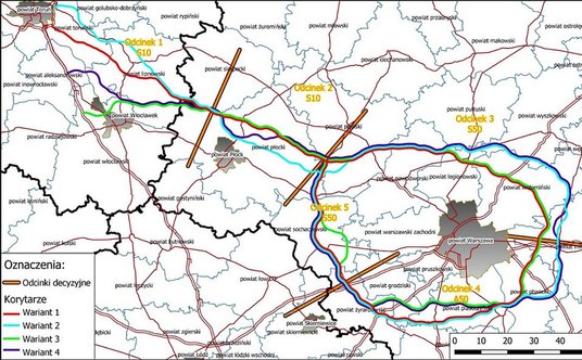 Proponowany przebieg Obwodnicy Aglomeracji Warszawskiej (OAW)