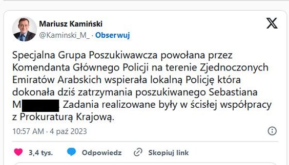 O zatrzymaniu Sebastiana M. poinformował Mariusz Kamiński