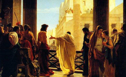 Poncjusz Piłat pokazuje ubiczowanego Jezusa ludowi. Monumentalny obraz olejny „Ecce Homo” Antonio Ci