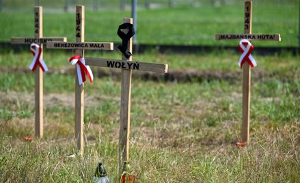 Medyka, 11.07.2023. Drewniane krzyże upamiętniające Polaków zamordowanych na Wołyniu przy drodze do 