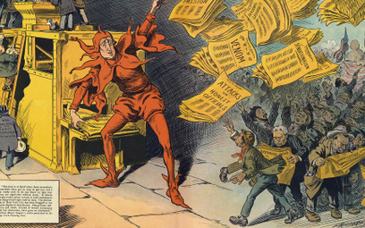 Karykatura „Żółta prasa” L.M. Glackensa przedstawia Williama Randolpha Hearsta jako błazna, który ro