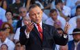 Prezydent RP Karol Nawrocki przemawia podczas uroczystości z okazji rocznicy zaprzysiężenia go na Ur