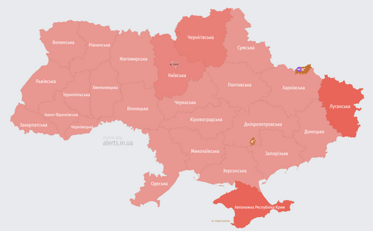 Mapa zagrożeń ze strony alerts.in.ua, stan na godzinę 17:15 czasu polskiego 23 grudnia 2024 r.
