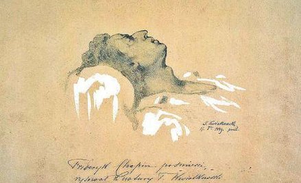 "Fryderyk Chopin po śmierci. Rysował z natury T. Kwiatkowski". teofil antoni Kwiatkowski był autorem