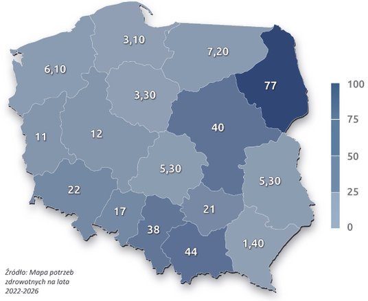 Liczba porad lekarskich w rehabilitacji domowej w przeliczeniu na 100 tys. ludności względem miejsca