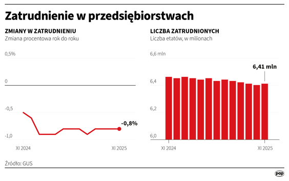 W listopadzie 2025 r. przeciętne zatrudnienie w sektorze przedsiębiorstw wyniosło 6413,8 tys. etatów