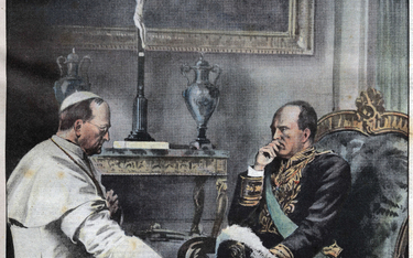 Rozmowa między Piusem XI a Benito Mussolinim. Ilustracja Vittoria Pisaniego na stronie tytułowej „La
