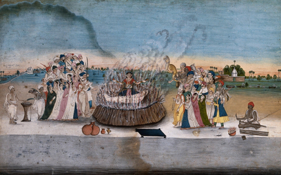 Praca indyjskiego artysty, ok. 1800 r., przedstawiająca rytuał sati polegający na spaleniu żywcem wd