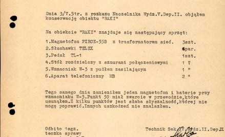 Ściśle tajny raport dotyczący przeprowadzonej 3 maja 1951 r. konserwacji obiektu PP „Raki” (spisany: