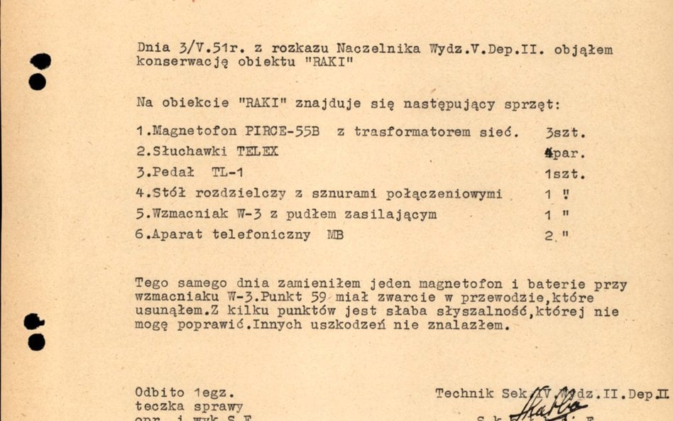 Ściśle tajny raport dotyczący przeprowadzonej 3 maja 1951 r. konserwacji obiektu PP „Raki” (spisany: