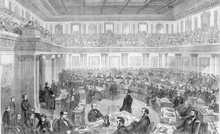 Proces prezydenta Andrew Johnsona w Senacie USA. Ilustracja Theodore’a R. Davisa opublikowana w tygo